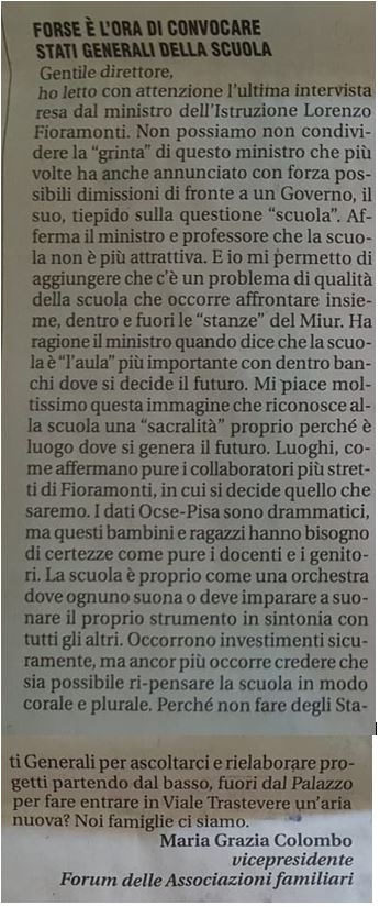 06/12/2019 – Maria Grazia Colombo, Forse è l’ora di convocare Stati Generali della scuola – Lettera ad “Avvenire”