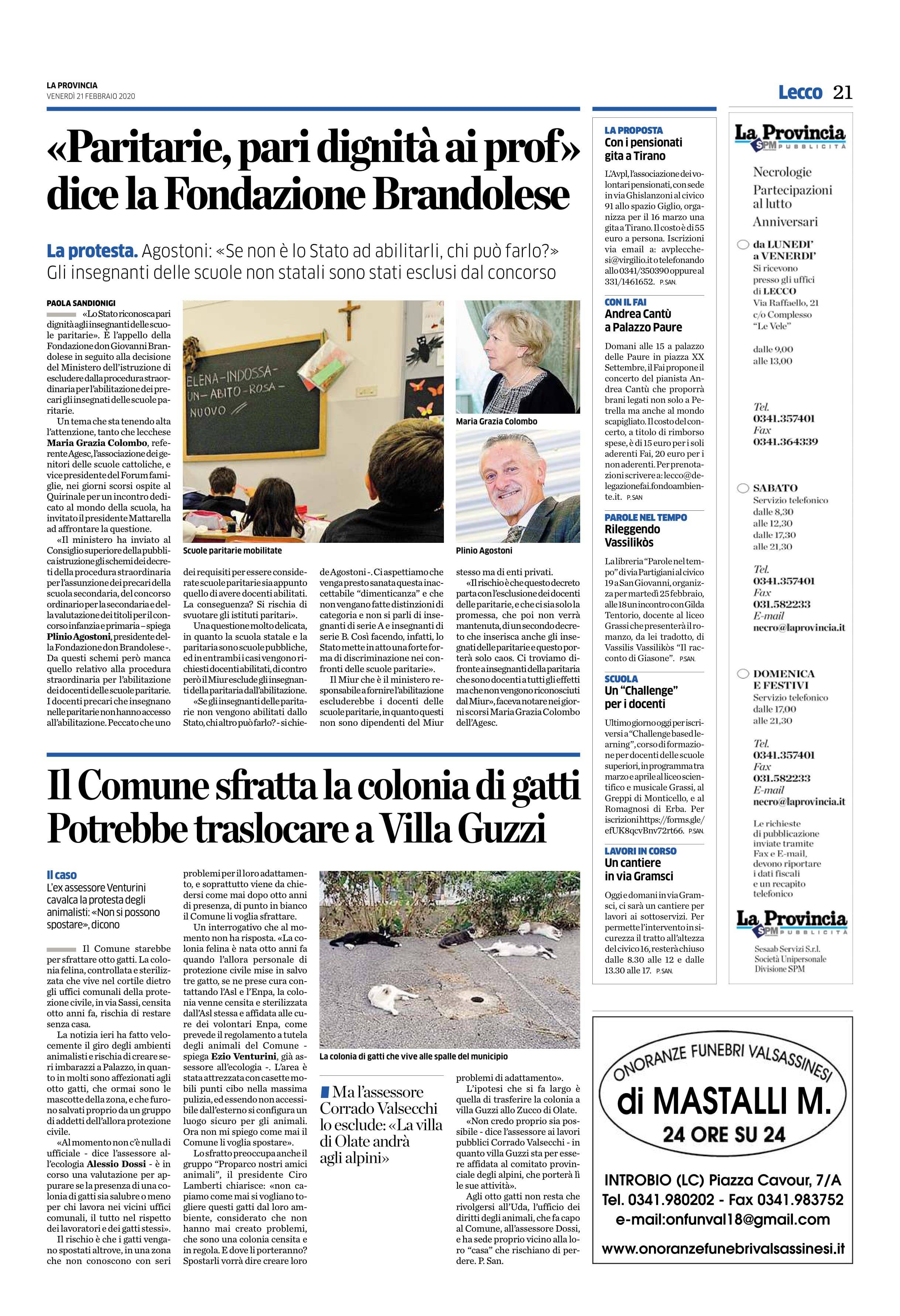 21/02/2020 – La provincia – “Paritarie, pari dignità ai prof” dice la Fondazione Brandolese