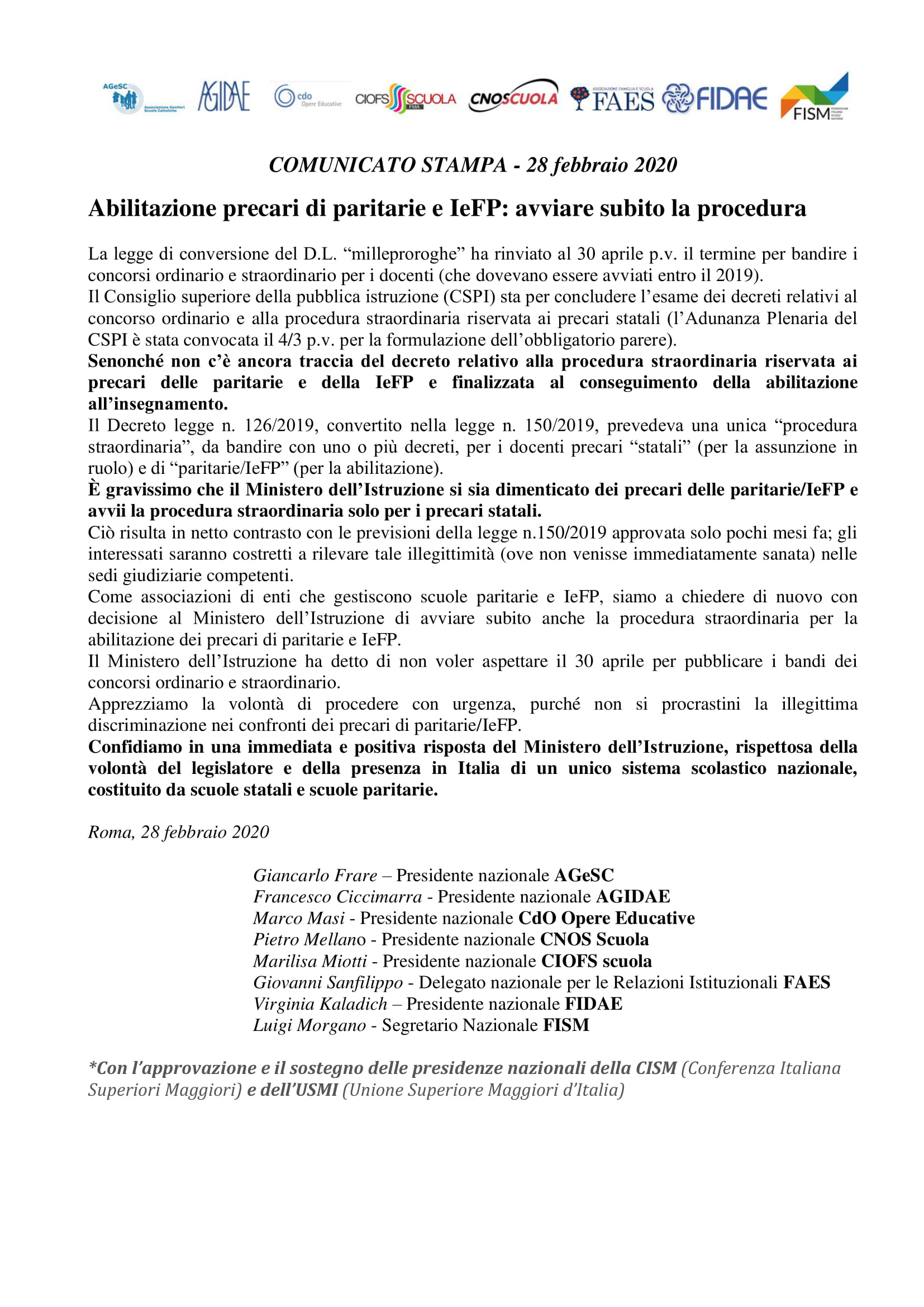 28/02/2020 – Abilitazione precari di paritarie e IeFP: avviare subito la procedura